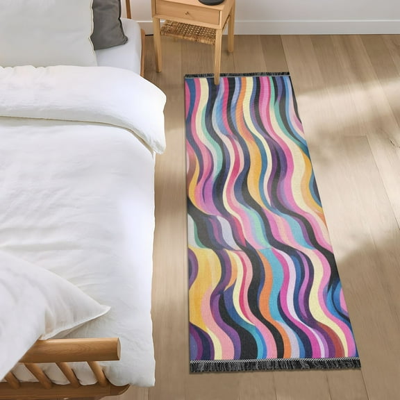 Bed Long Carpet Bed Rug 72x23.5In Indoor Non-Slip Durable Carpet Floor Mat Runner Rug Bedroom Hallway Carpet Machine Washable Colored Curved Lines