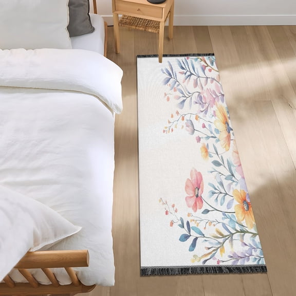 Bed Long Carpet Bed Rug 72x23.5In Indoor Non-Slip Durable Carpet Floor Mat Runner Rug Bedroom Hallway Carpet Machine Washable Colorful Beautiful Flowers