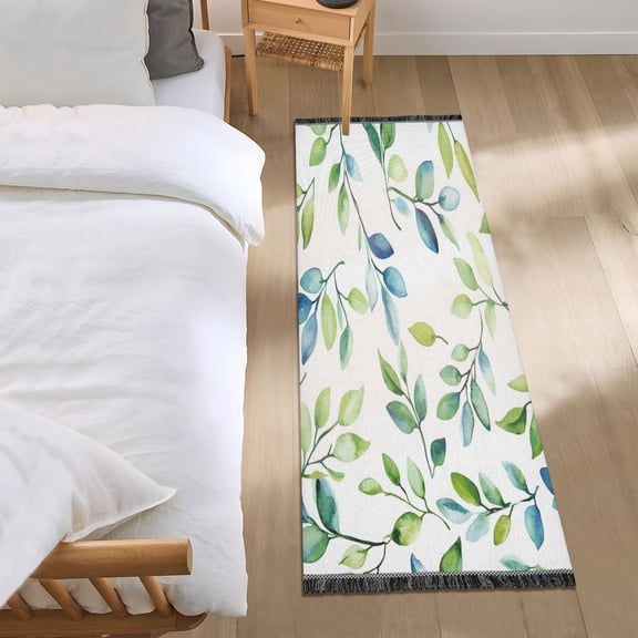 Bed Long Carpet Bed Rug 72x23.5In Indoor Non-Slip Durable Carpet Floor Mat Runner Rug Bedroom Hallway Carpet Machine Washable Cool Beautiful Green Leaves