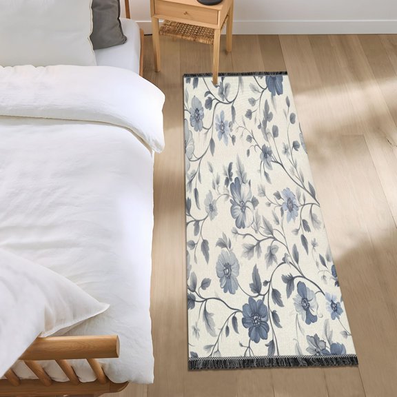 Bed Long Carpet Bed Rug 72x23.5In Indoor Non-Slip Durable Carpet Floor Mat Runner Rug Bedroom Hallway Carpet Machine Washable Cool Blue Flower