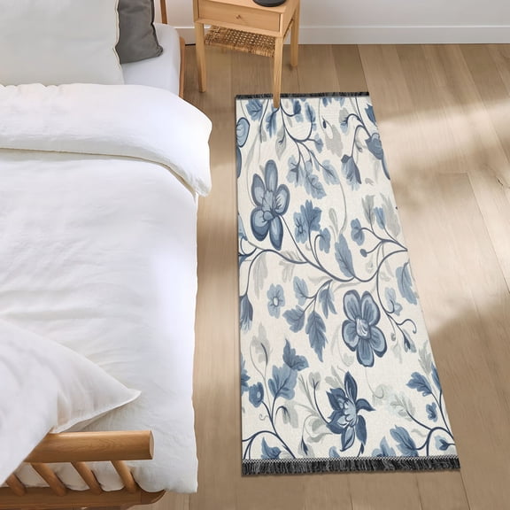 Bed Long Carpet Bed Rug 72x23.5In Indoor Non-Slip Durable Carpet Floor Mat Runner Rug Bedroom Hallway Carpet Machine Washable Cool Blue Flowers
