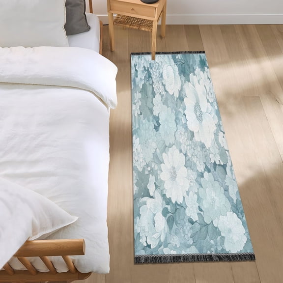 Bed Long Carpet Bed Rug 72x23.5In Indoor Non-Slip Durable Carpet Floor Mat Runner Rug Bedroom Hallway Carpet Machine Washable Cool White Flower