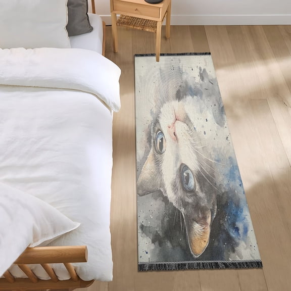 Bed Long Carpet Bed Rug 72x23.5In Indoor Non-Slip Durable Carpet Floor Mat Runner Rug Bedroom Hallway Carpet Machine Washable Cute Watercolor Cat