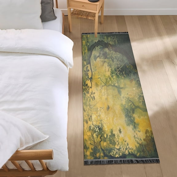Bed Long Carpet Bed Rug 72x23.5In Indoor Non-Slip Durable Carpet Floor Mat Runner Rug Bedroom Hallway Carpet Machine Washable Green Trees and Yellow Light