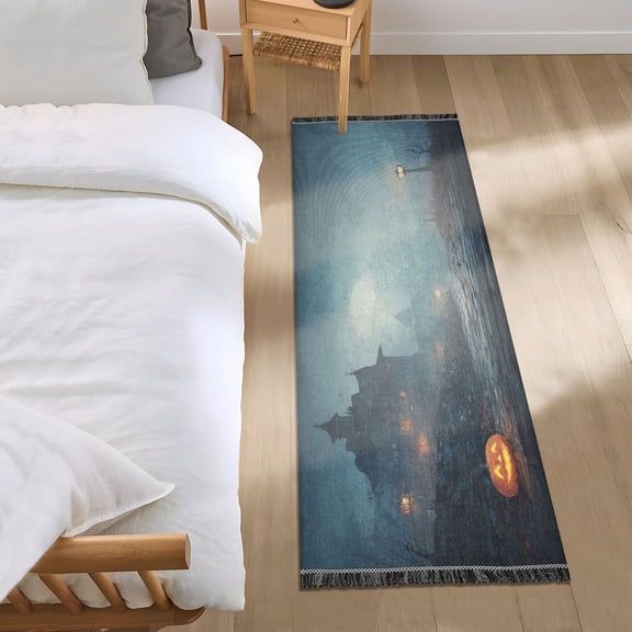 Bed Long Carpet Bed Rug 72x23.5In Indoor Non-Slip Durable Carpet Floor Mat Runner Rug Bedroom Hallway Carpet Machine Washable Halloween Night Pumpkin