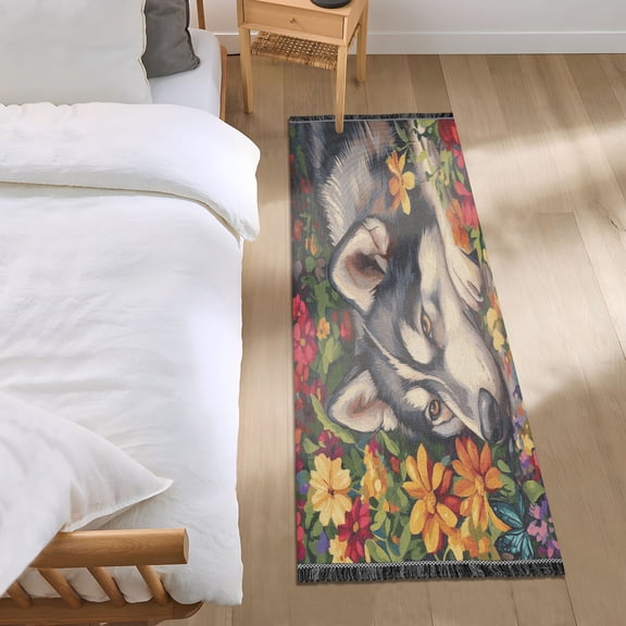 Bed Long Carpet Bed Rug 72x23.5In Indoor Non-Slip Durable Carpet Floor Mat Runner Rug Bedroom Hallway Carpet Machine Washable Husky Flowers