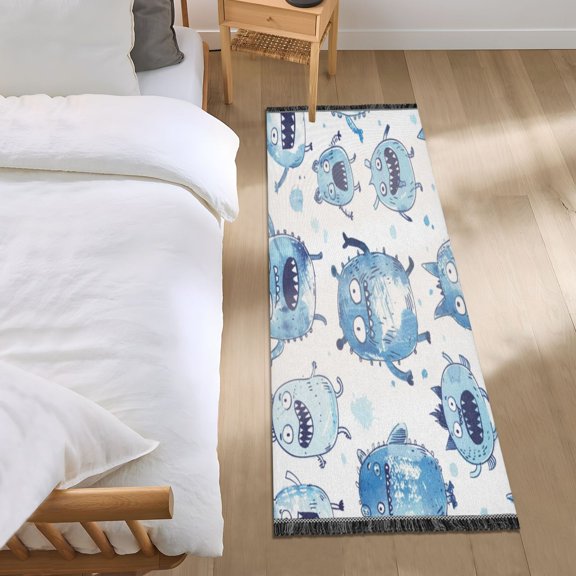 Bed Long Carpet Bed Rug 72x23.5In Indoor Non-Slip Durable Carpet Floor Mat Runner Rug Bedroom Hallway Carpet Machine Washable Little Blue Cartoon Monsters Cute
