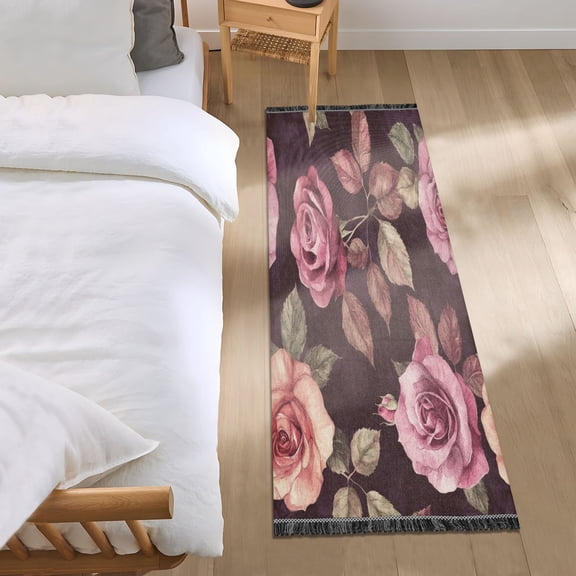 Bed Long Carpet Bed Rug 72x23.5In Indoor Non-Slip Durable Carpet Floor Mat Runner Rug Bedroom Hallway Carpet Machine Washable Maroon Roses Seamless