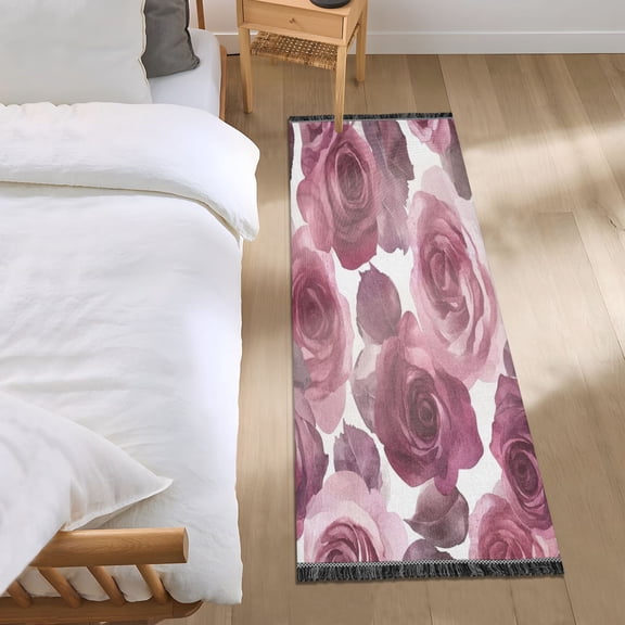 Bed Long Carpet Bed Rug 72x23.5In Indoor Non-Slip Durable Carpet Floor Mat Runner Rug Bedroom Hallway Carpet Machine Washable Maroon Roses