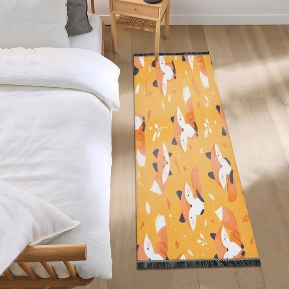 Bed Long Carpet Bed Rug 72x23.5In Indoor Non-Slip Durable Carpet Floor Mat Runner Rug Bedroom Hallway Carpet Machine Washable Orange Cartoon Fox