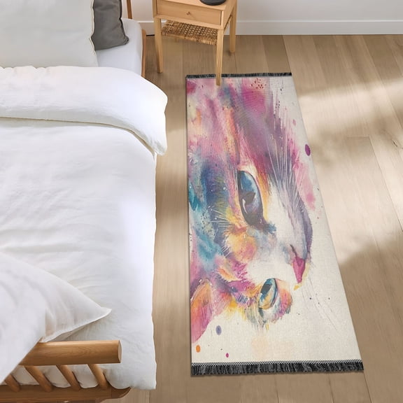 Bed Long Carpet Bed Rug 72x23.5In Indoor Non-Slip Durable Carpet Floor Mat Runner Rug Bedroom Hallway Carpet Machine Washable Pink Watercolor Cat