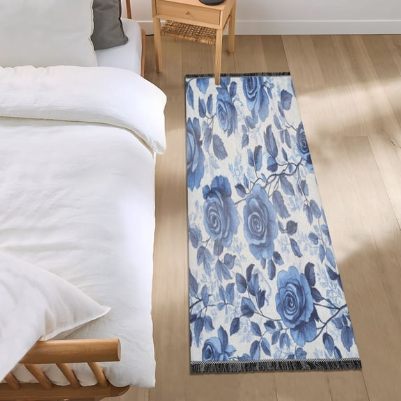 Bed Long Carpet Bed Rug 72x23.5In Indoor Non-Slip Durable Carpet Floor Mat Runner Rug Bedroom Hallway Carpet Machine Washable Pretty Blue Rose Seamless