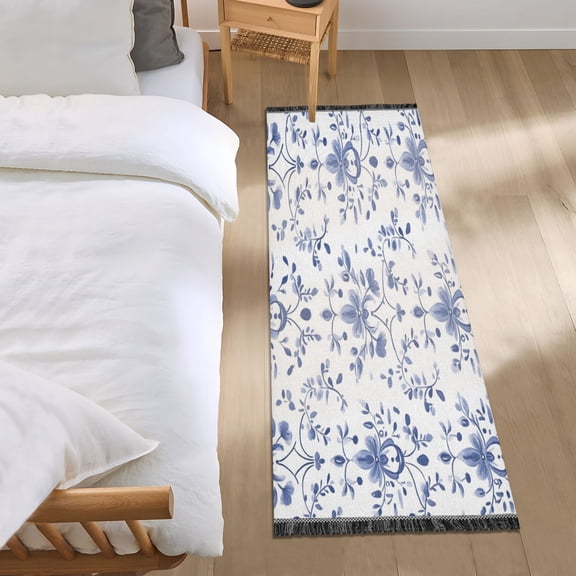 Bed Long Carpet Bed Rug 72x23.5In Indoor Non-Slip Durable Carpet Floor Mat Runner Rug Bedroom Hallway Carpet Machine Washable Pretty Blue Stripes