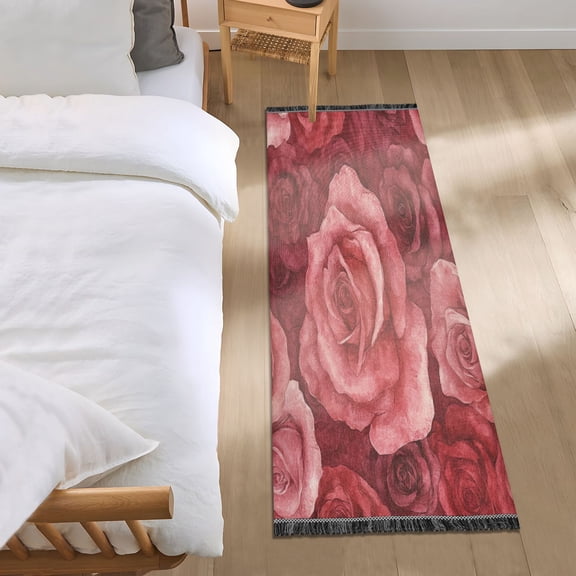 Bed Long Carpet Bed Rug 72x23.5In Indoor Non-Slip Durable Carpet Floor Mat Runner Rug Bedroom Hallway Carpet Machine Washable Red Roses