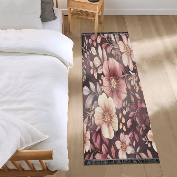 Bed Long Carpet Bed Rug 72x23.5In Indoor Non-Slip Durable Carpet Floor Mat Runner Rug Bedroom Hallway Carpet Machine Washable Vibrant Maroon Flowers