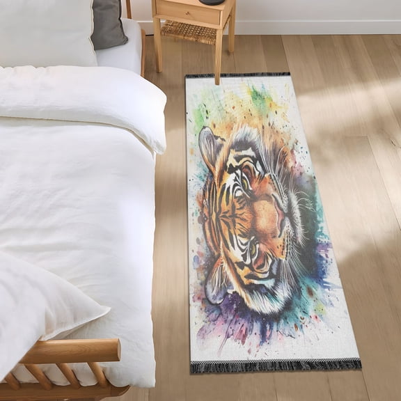 Bed Long Carpet Bed Rug 72x23.5In Indoor Non-Slip Durable Carpet Floor Mat Runner Rug Bedroom Hallway Carpet Machine Washable Watercolor Beautiful Tiger