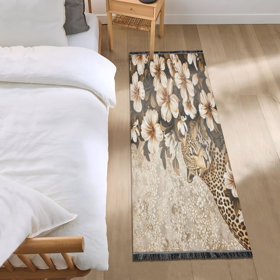 Bed Long Carpet Bed Rug 72x23.5In Indoor Non-Slip Durable Carpet Floor Mat Runner Rug Bedroom Hallway Carpet Machine Washable White Flower Sea and Leopard