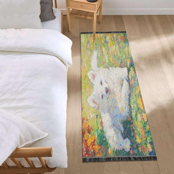 Bed Long Carpet Bed Rug 72x23.5In Indoor Non-Slip Durable Carpet Floor Mat Runner Rug Bedroom Hallway Carpet Machine Washable White Smiling Dog