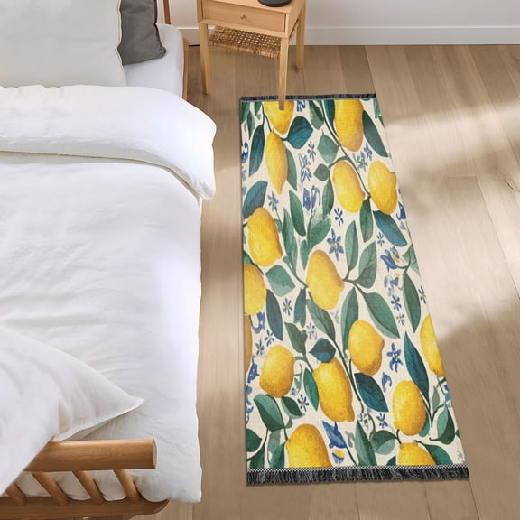 Bed Long Carpet Bed Rug 72x23.5In Indoor Non-Slip Durable Carpet Floor Mat Runner Rug Bedroom Hallway Carpet Machine Washable Yellow Lemon Seamless