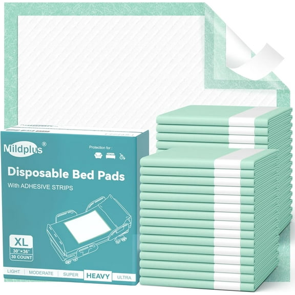 Bed Pads with Adhesive Strips 30''X36'', 30 Count | Extra Large XL Underpads Secure & Waterproof Chucks for Incontinence Care Adults, Seniors, Kids Pets