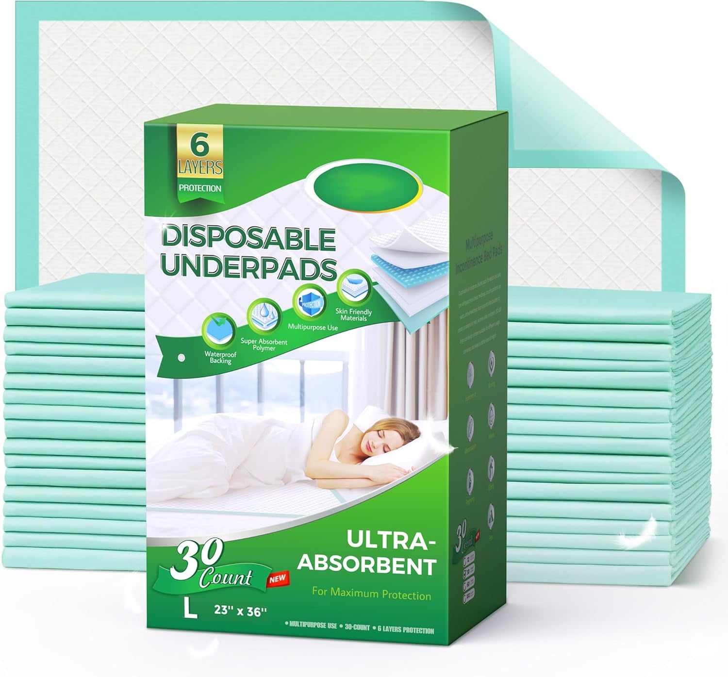 Bed Pads for Incontinence Disposable 23 x 36, 30 Count Waterproof Underpads, Maximum Absorbent Unisex Large Chucks Pad, Bed Liners Chux for Adults, Kids and Pets