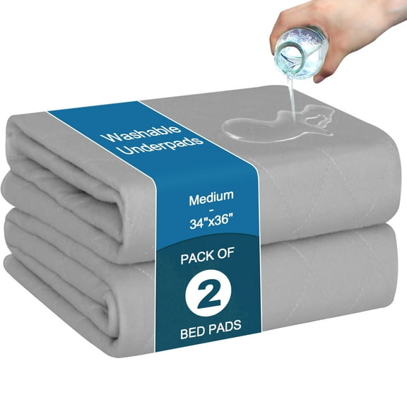Bed Pads Washable Waterproof(2 Pack, 34" x 36"), Washable and Reusable Anti Slip Chuck Pads Incontinence Underpad Sheet Protector for Adults, Elderly, Kids, Toddler and Pets, Grey