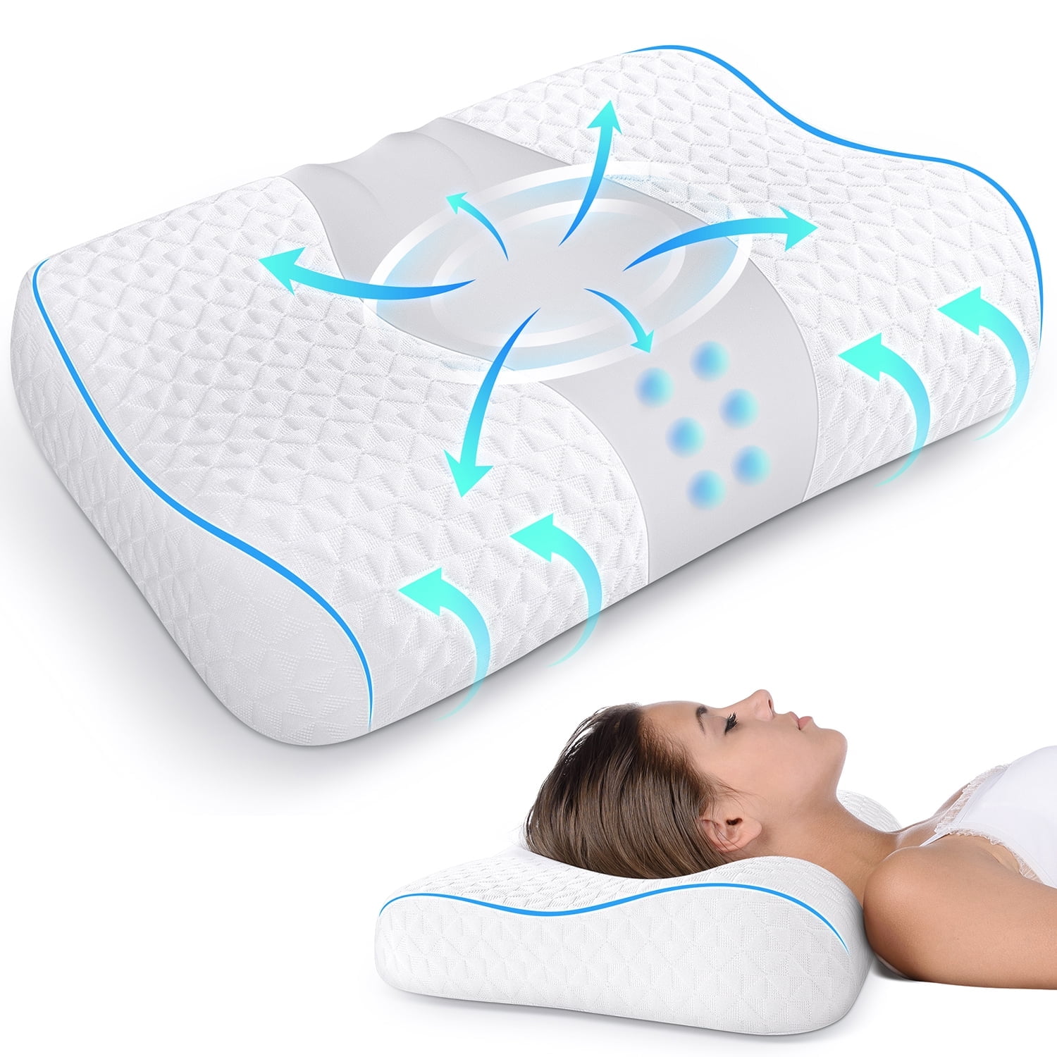 Bed Pillow, Cervical Neck Pillow for Pain Relief, Contour Memory Foam Pillows for Sleeping, Odorless Ergonomic Pillow, Orthopedic Cooling Pillow Bed Pillow Neck Support for Side Stomach Sleepers Grey