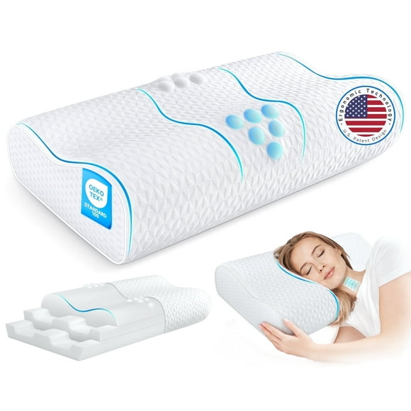 Bed Pillow, Cervical Pillow for Neck Pain Relief, Memory Foam Neck Pillow for Sleeping, Contour Cooling Pillow for Side Sleeper, Adjustable Orthopedic Sandwich Pillow