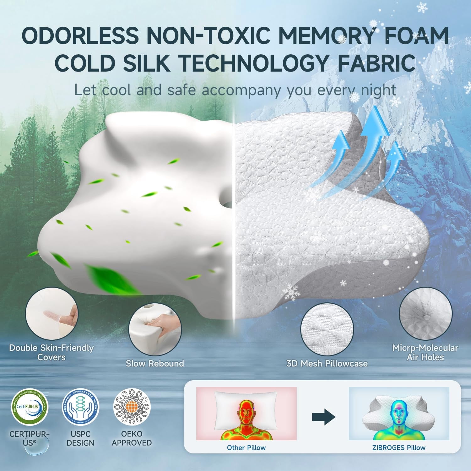 Bed Pillows, Cervical Pillow for Neck Pain Relief, Ergonomic Orthopedic Memory Foam Pillow