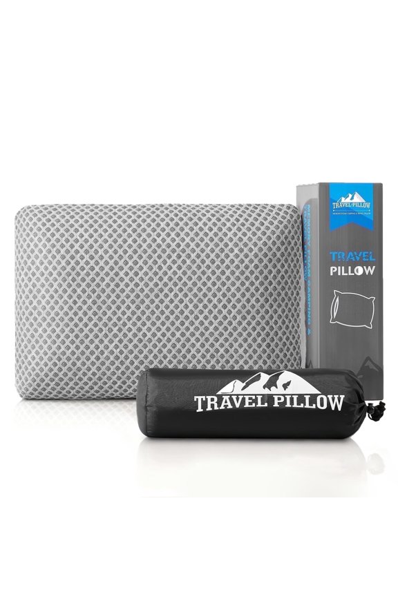 Travel Pillow Memory Foam Compressible - Medium Firm, Breathable Cover, Light Grey (L) - Ideal for Camping, Backpacking, Hiking, Airplane, Car