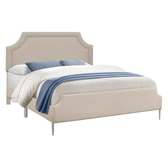 Bed, Queen Size, Bedroom, Upholstered, Beige Linen Look, Chrome Metal Legs, Transitional