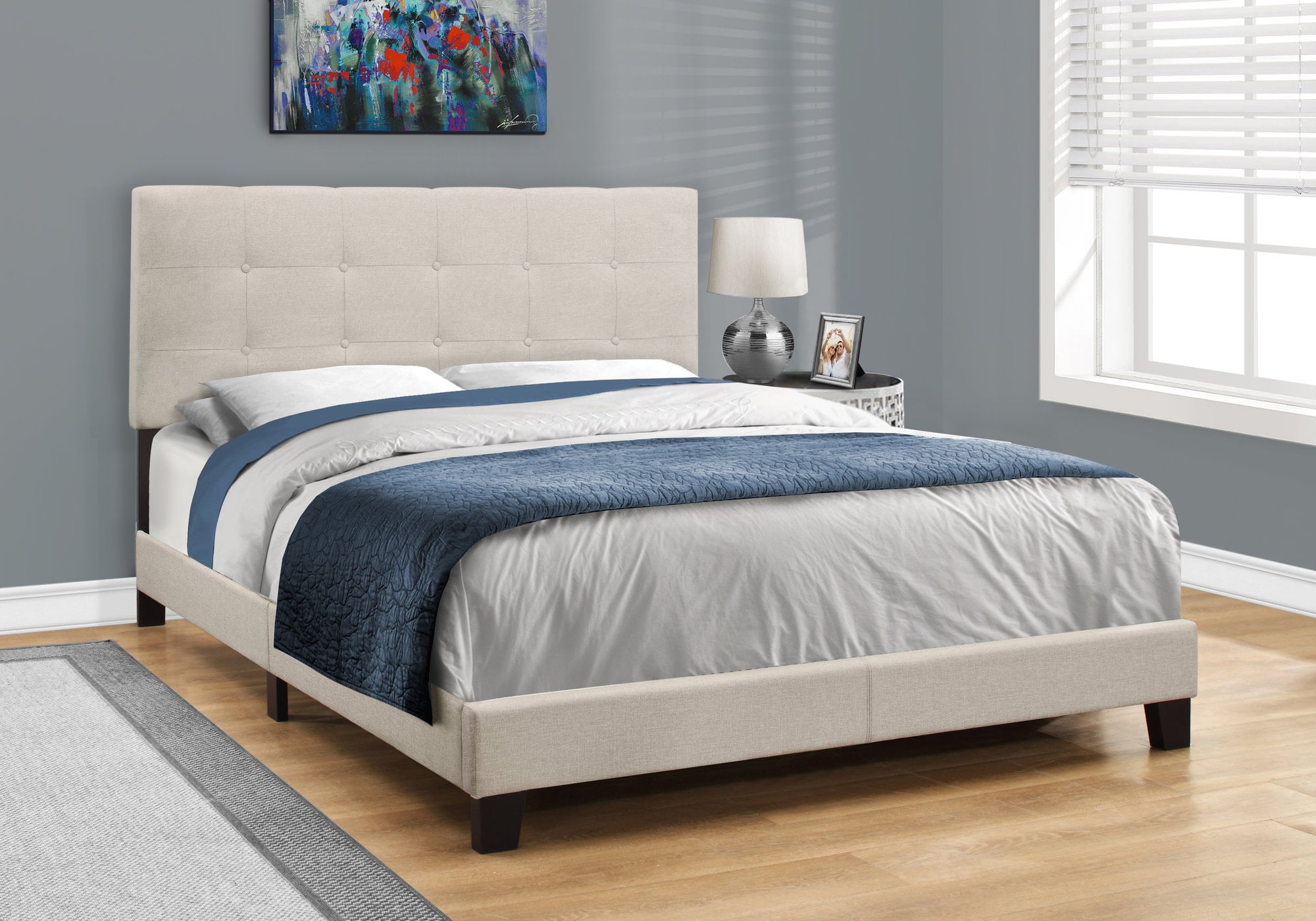Bed Queen Size Platform Bedroom Frame Upholstered Linen Look Beige Black
