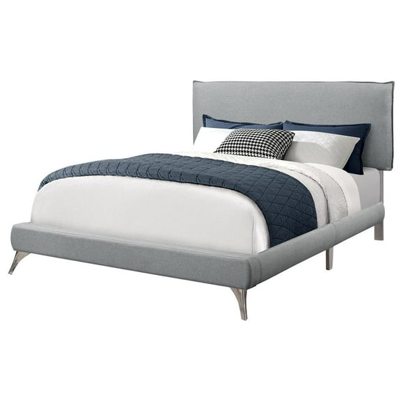 Monarch Bed, Queen Size, Bedroom, Upholstered, Grey Linen Look, Chrome