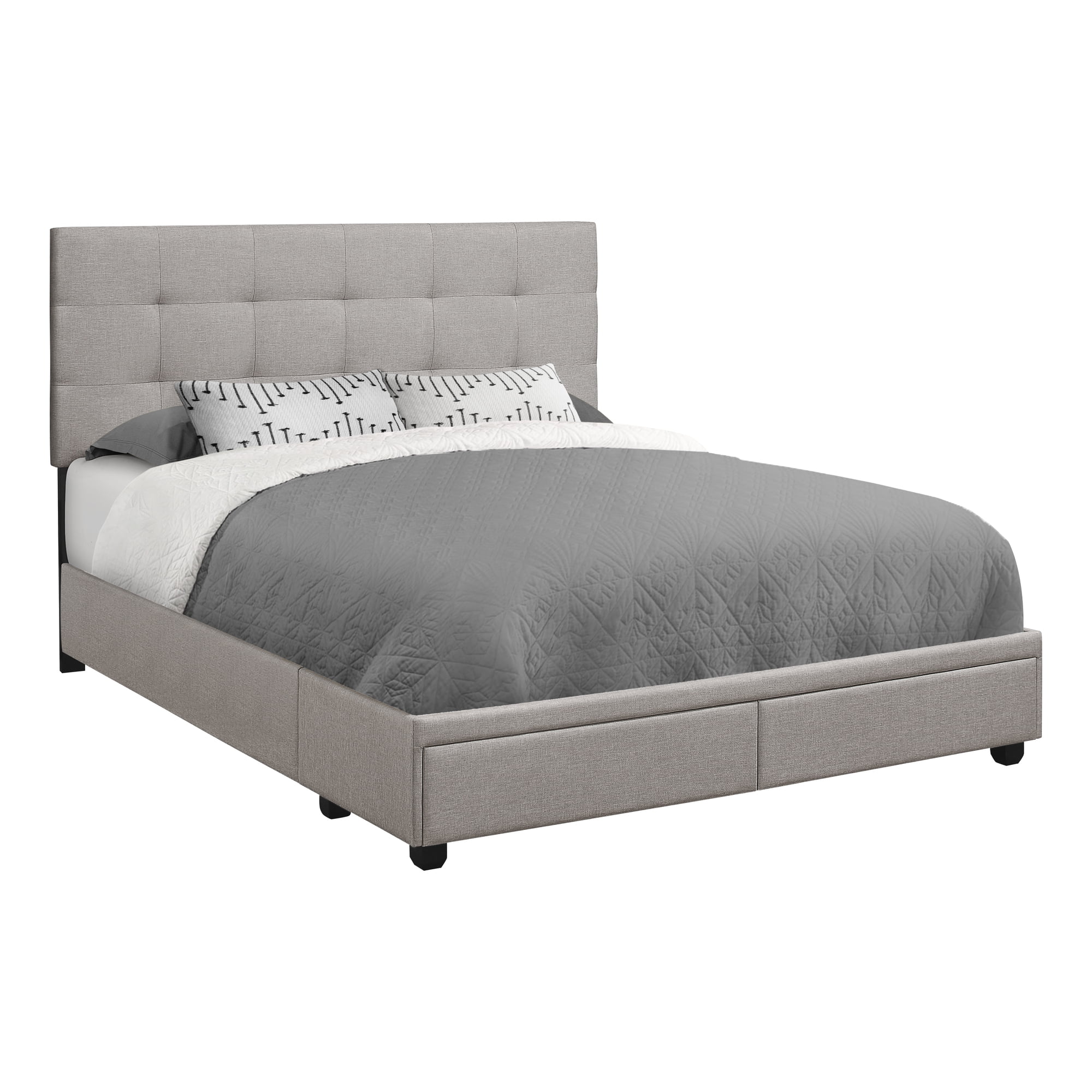 Bed Queen Size Platform Bedroom Frame Upholstered Linen Look Grey