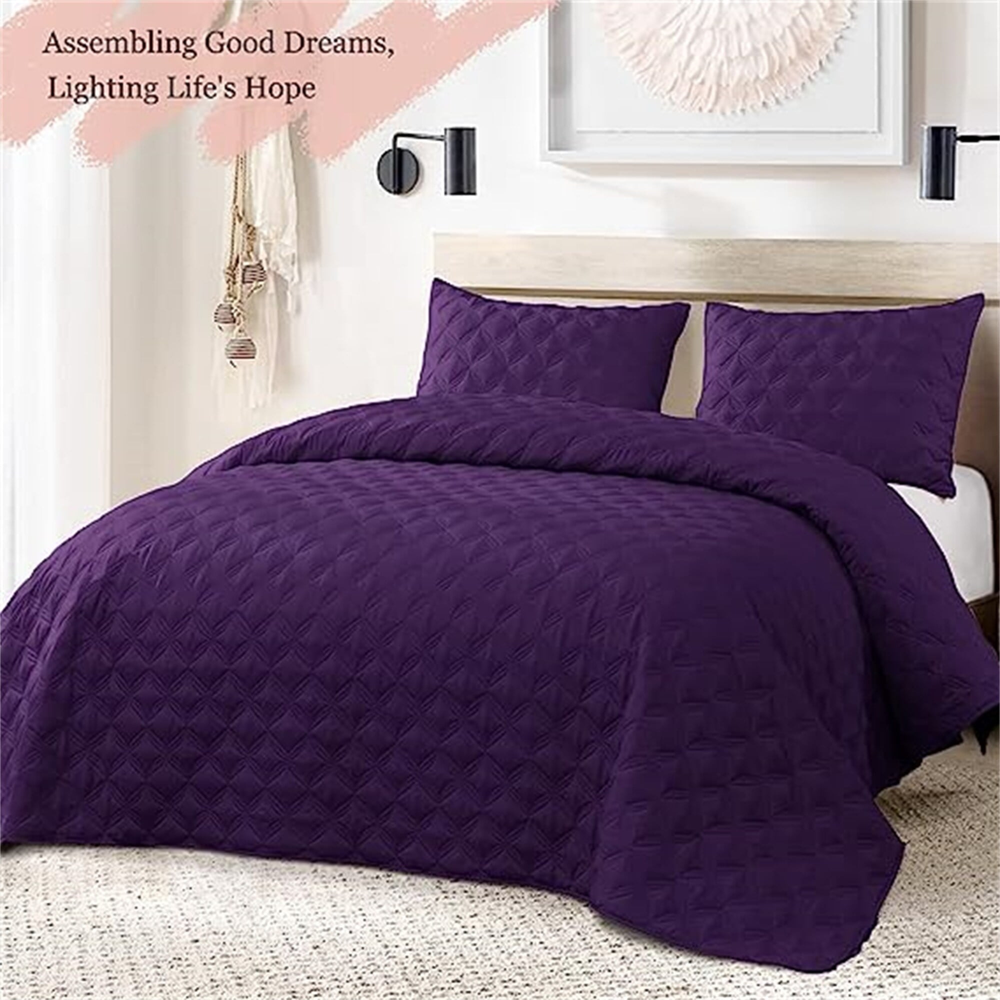 Bed Quilt Set Queen Size Purple - Full - Queen - 3 Piece