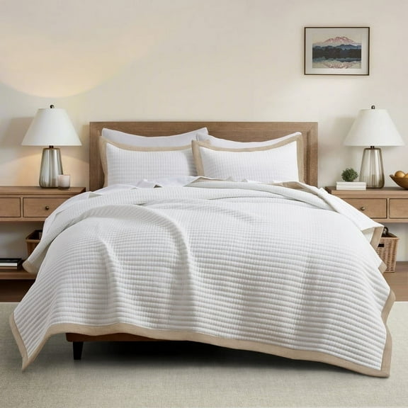 Bed Quilt Set White King - Farmhouse Soft Striped Stitch Bedding Bedspread Coverlet Summer Lightweight Bed Sets 1 Quilt with 2 Pillow Shams for Home All Season (King, White with Linen Border)