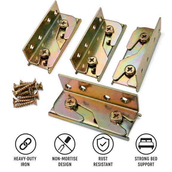 Bed Rail Brackets, 4Pcs Non Mortise Heavy Duty Iron with Screws for Wooden Bed Frame Hardware