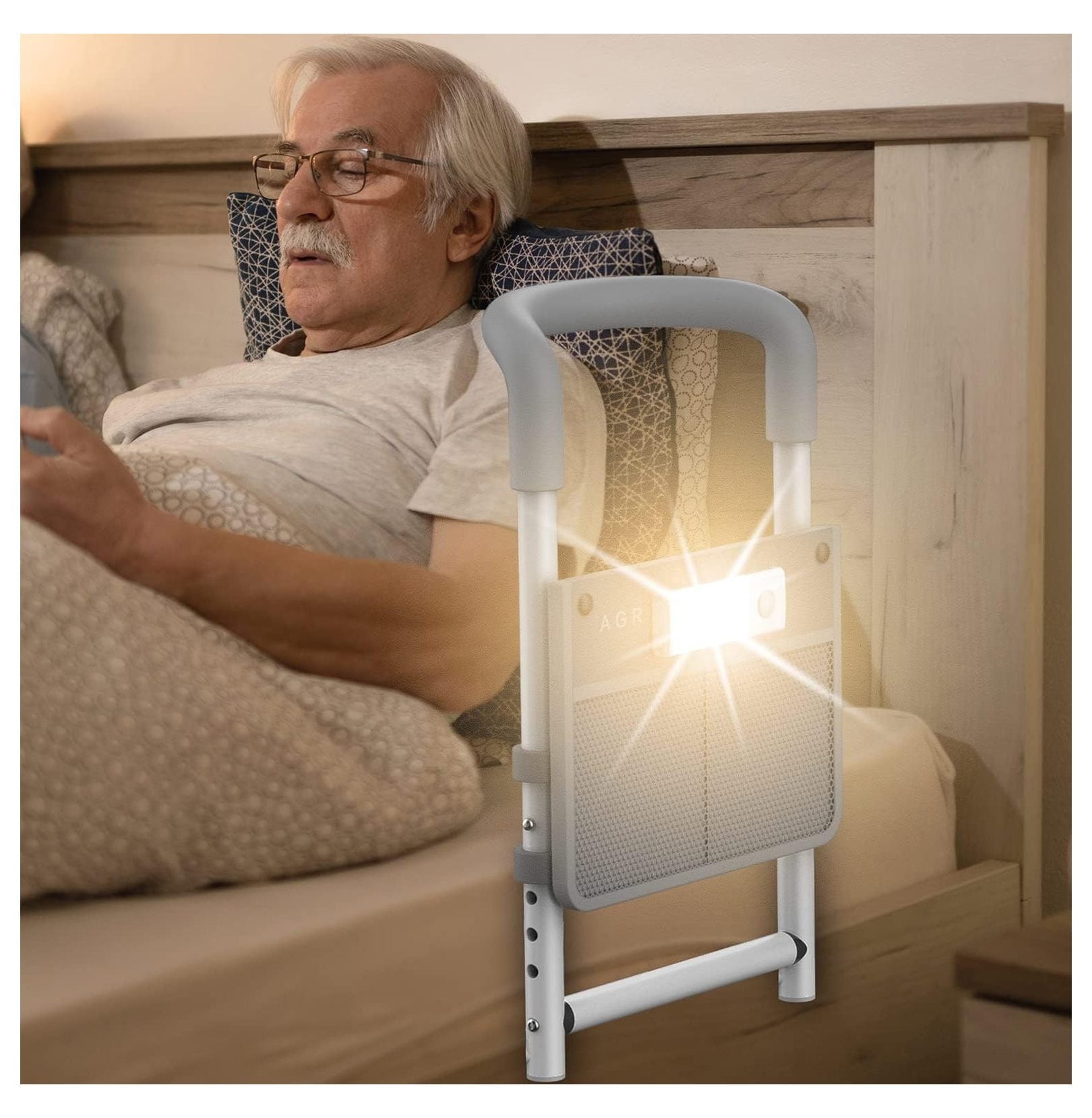 LLYYJ Bed Rail with Light \u0026 Storage Pocket, Bedside Assist Bar for Seniors \u0026 Surgery Patients