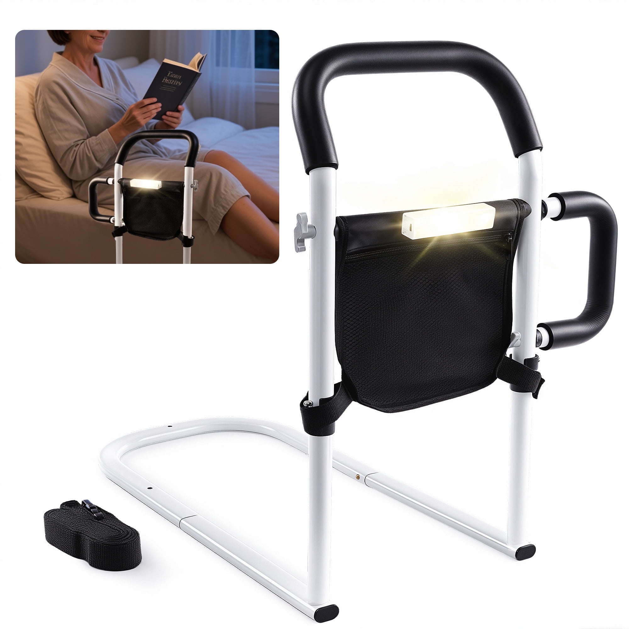ALLJOY Bed Rails for Elderly Adults Safety- Bed Assist Rail for Seniors with Double Grab Bars, Light, Storage Bag & Fixing Strap, Fits Most Beds