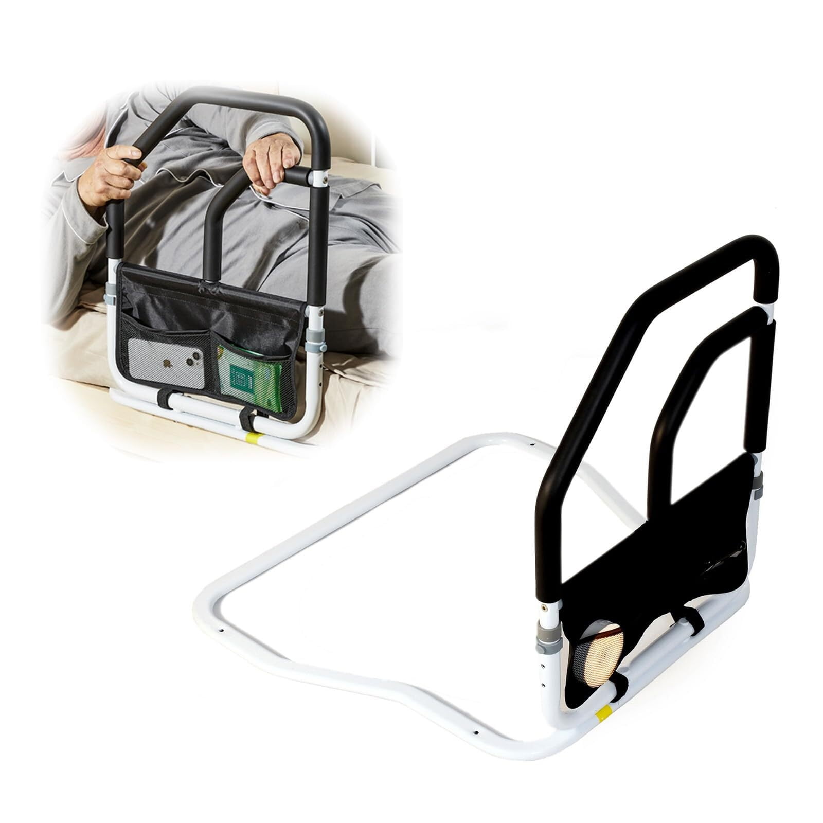 Bed Rails for Elderly Adults Safety - Dual-Layer Handrail, Height Adjustment, Motion Sensor Light, Storage Pocket, Stable Large Base And Comfortable Flat Tube Design, Fits King, Queen, Full, Twin Beds