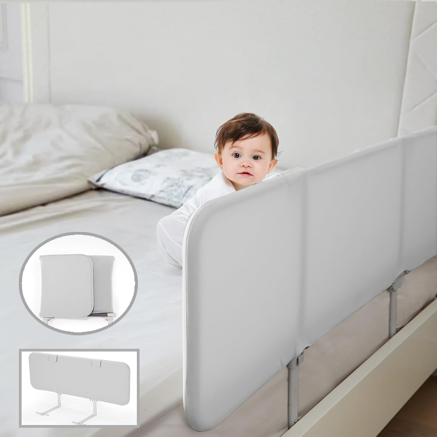 HDJ Foldable Bed Rails for Toddlers, Children's Safety Guard Side Bars, 59inch, Grey for Travel