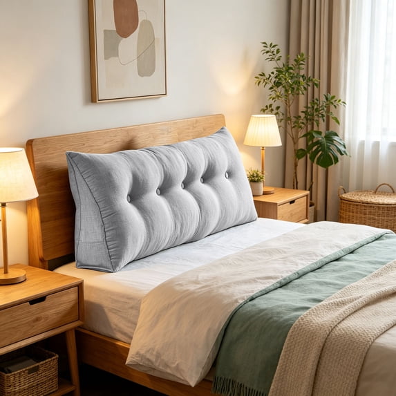 Bed Reading Backrest Cushion with Side Storage Pocket High Density Foam Headboard Support Pillow Ergonomic Triangular Leaning Bolster for Bed Sofa Daybed