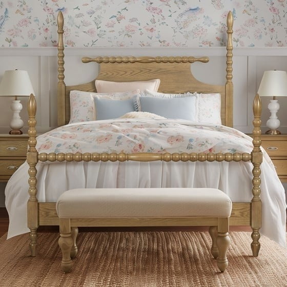 Bed Restonic Queen - Dramatic Turned Post, Solid Wood Frame