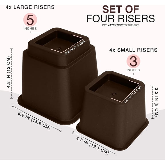 Bed Riser, 3 & 5 Inches Adjustable Furniture Risers for 8 Inch Combined Furniture Lift, Under Bed Storage & Dorm Room Essential, Supports Up to 1,300 lbs (4 Set, Brown)