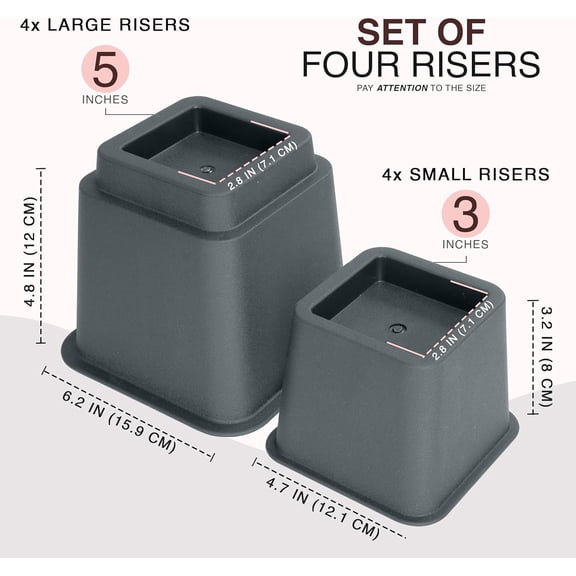 Bed Riser, 3 & 5 Inches Adjustable Furniture Risers for 8 Inch Combined Furniture Lift, Under Bed Storage & Dorm Room Essential, Supports Up to 1,300 lbs (4 Set, Grey)