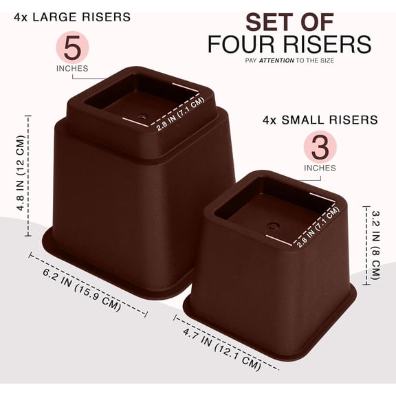 Bed Riser, 3 & 5 Inches Adjustable Furniture Risers for 8 Inch Combined Furniture Lift, Under Bed Storage & Dorm Room Essential, Supports Up to 1,300 lbs (4 Set, Reddish Brown)