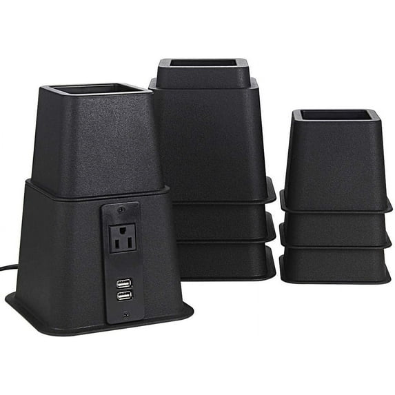 Bed Riser with Power Outlet and USB Ports, Elevation in Heights 3, 5, 8 Inch for Bed (4 Pack, Black)