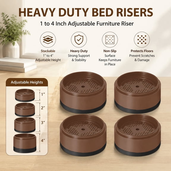 Bed Risers 1 to 4 Inch Heavy Duty Adjustable Furniture Lift, Stackable Sofa Chair Table Desk Legs, 4 Pack Brown