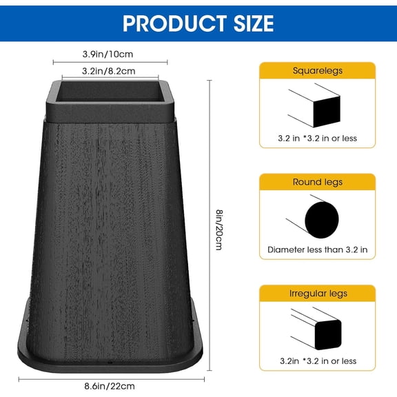 Bed Risers 8 Inch Heavy Duty, Furniture Risers Lifts Supports Up to 6,000 Lbs for Table, Desk Leg, Sofa, Couch 8 Pack