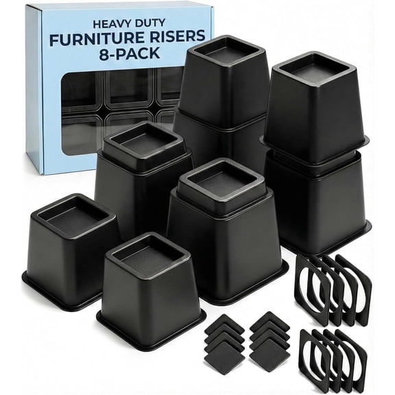 Bed Risers - Dorm Room Essentials - 3 & 5 Inch Adjustable Furniture Risers or 8 Inch Combined - Heavy Duty for Dorm Decor, Desks, Chairs - Under Bed Storage - Supports Up to 1,300 lbs (8 Pack, Black)